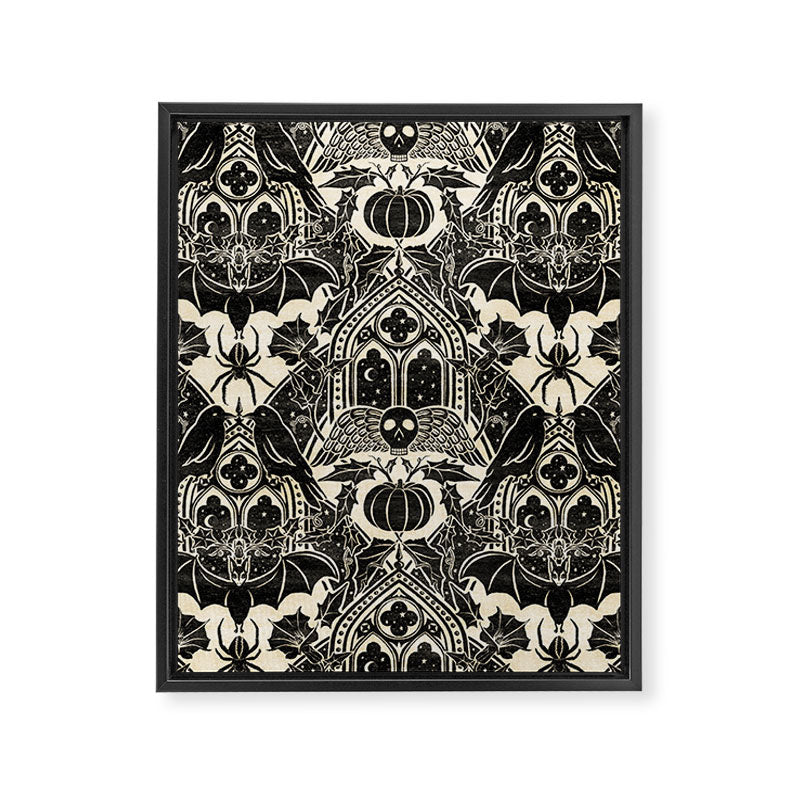 Gothic Halloween Damask - black and cream Framed Canvas Print Gallery Image 8