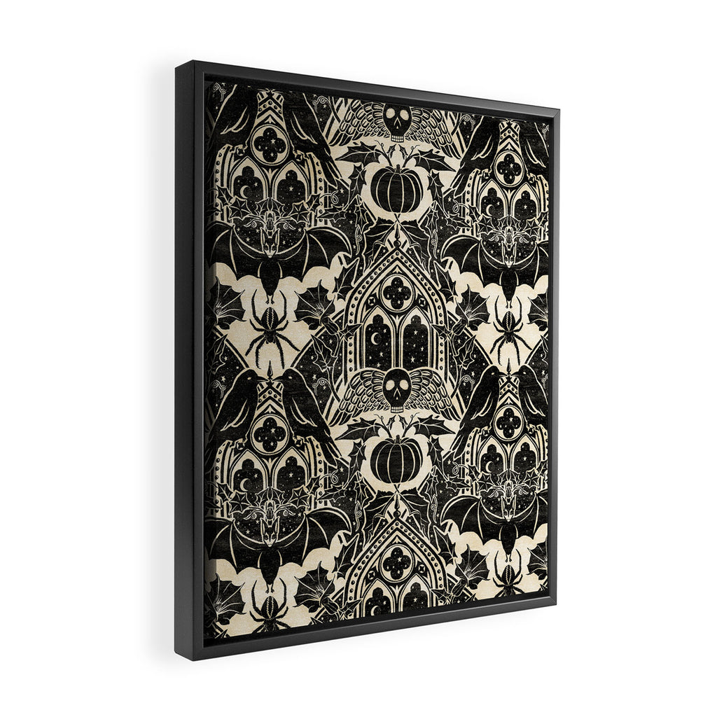 Gothic Halloween Damask - black and cream Framed Canvas Print Gallery Image 2