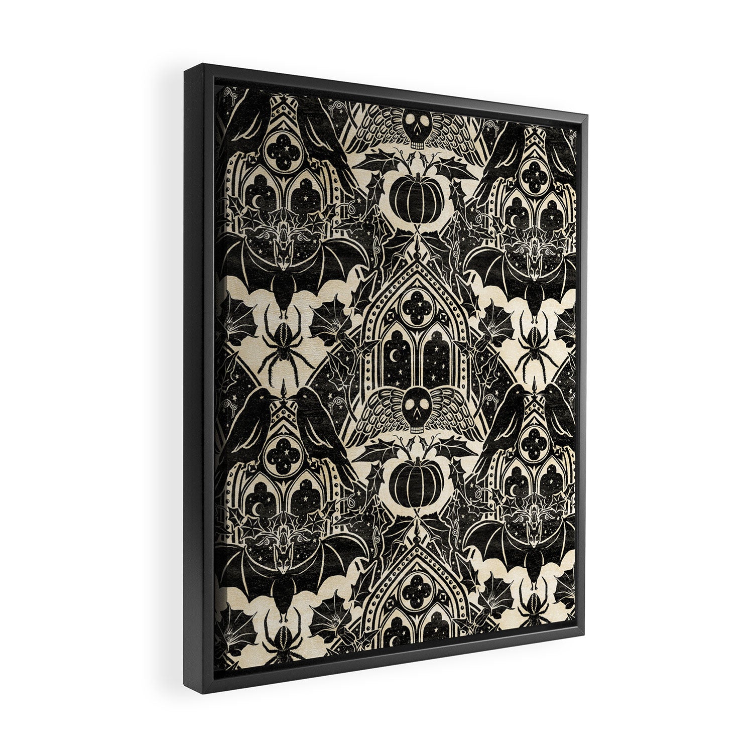 Gothic Halloween Damask - black and cream Framed Canvas Print Gallery Image 2