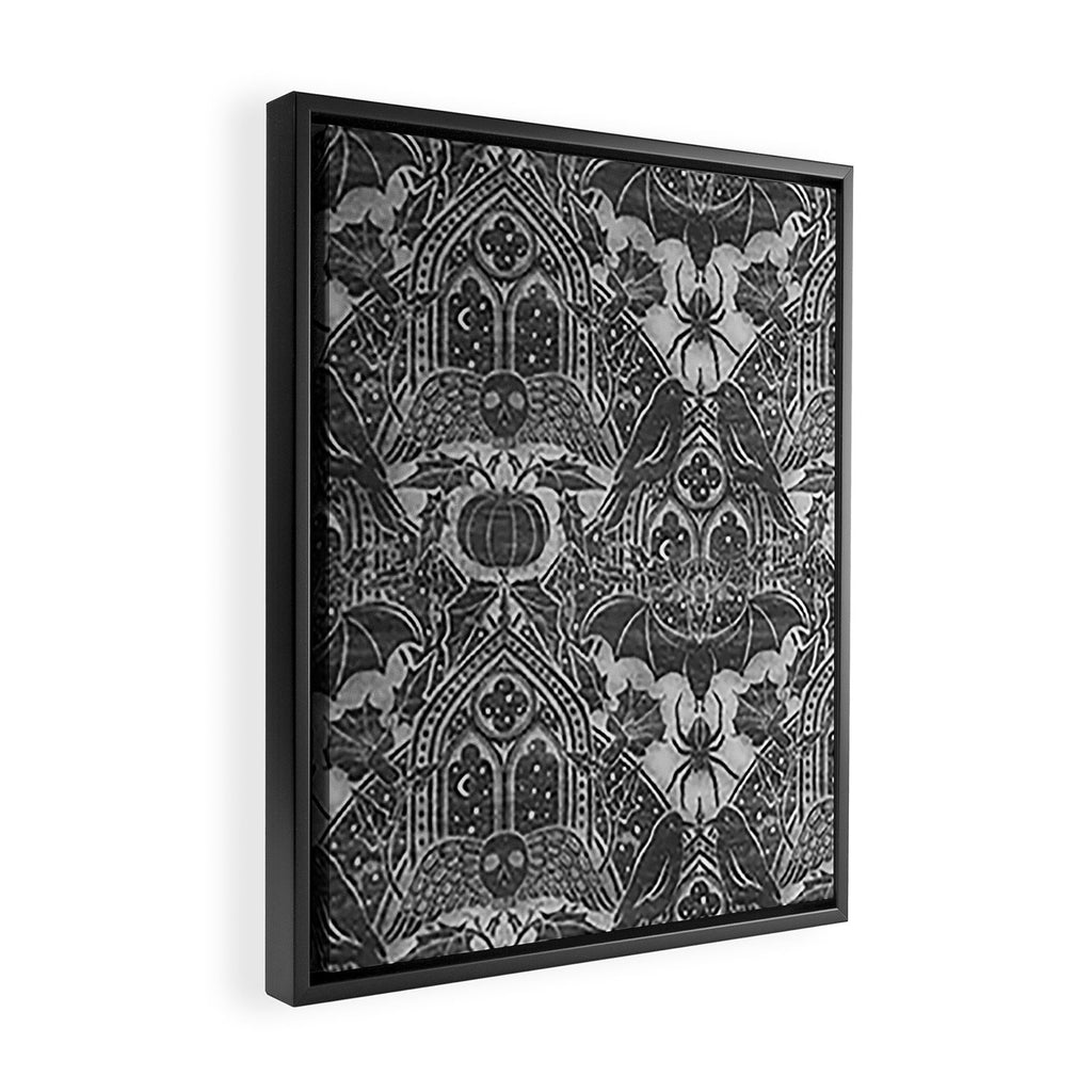Gothic Halloween Damask - grayscale  Framed Canvas Print Gallery Image 2