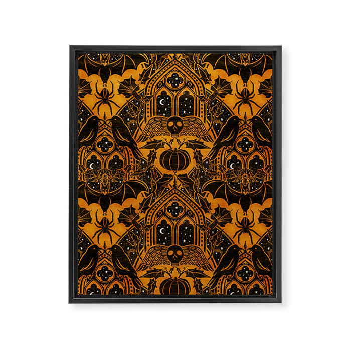 Gothic Halloween Damask - jack oâlantern gold and black  Framed Canvas Print Gallery Image 1