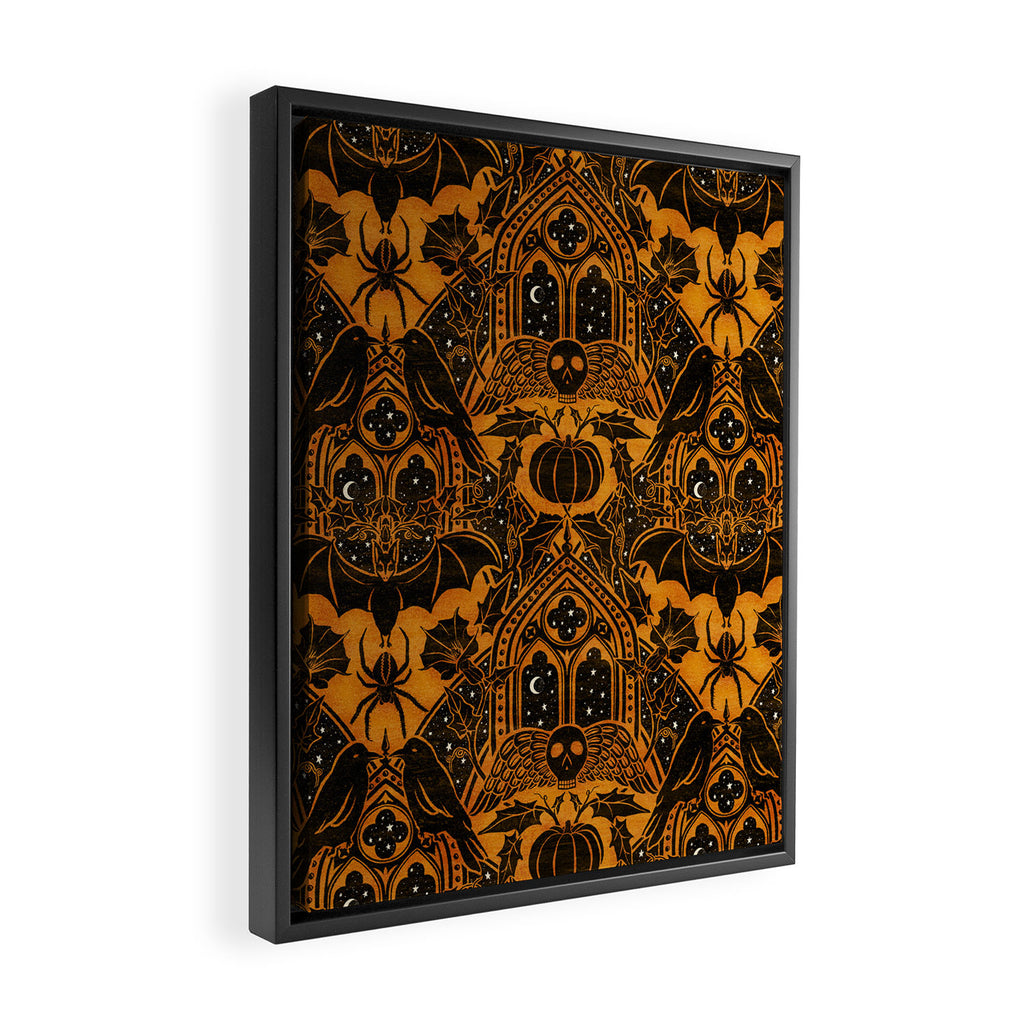 Gothic Halloween Damask - jack oâlantern gold and black  Framed Canvas Print Gallery Image 2