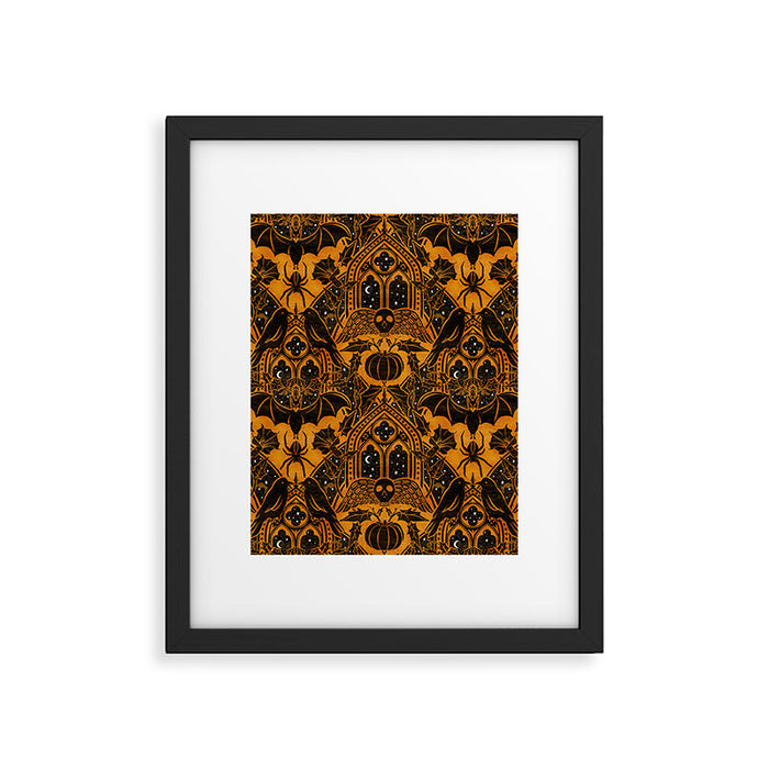 Gothic Halloween Damask - jack oâlantern gold and black  Framed Art Print Gallery Image 1