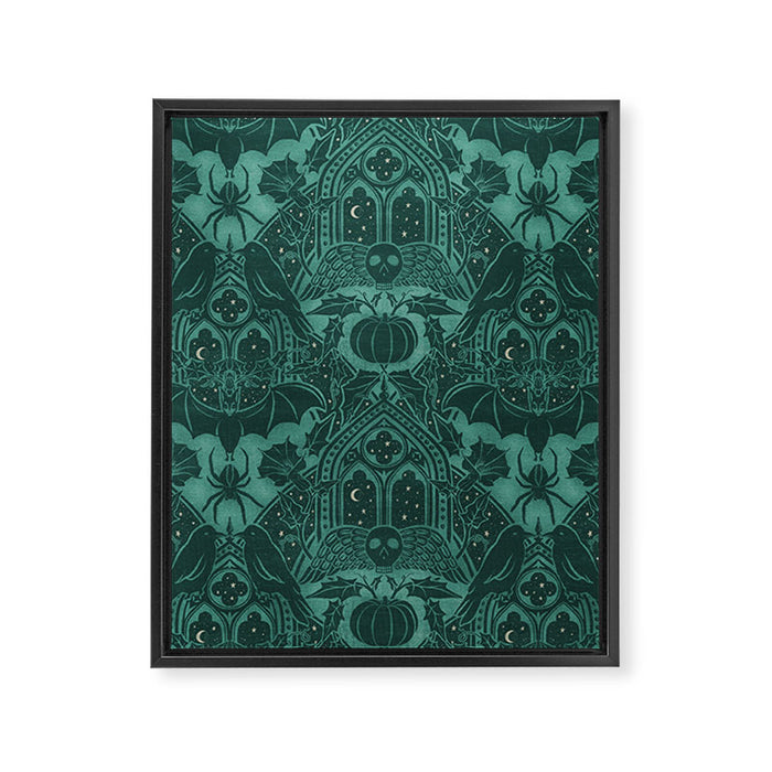 Gothic Halloween Damask - terrifying teal Framed Canvas Print Gallery Image 1