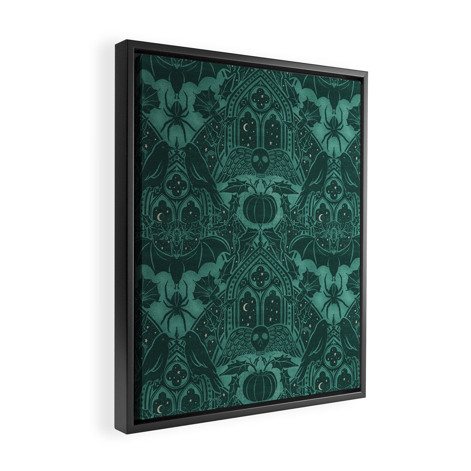 Gothic Halloween Damask - terrifying teal Framed Canvas Print Gallery Image 2