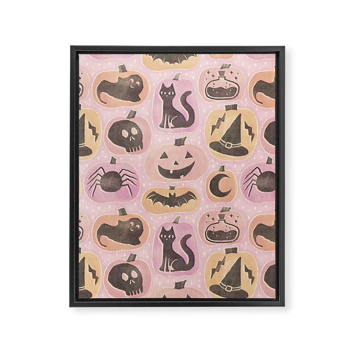 Halloween Pumpkins - vintage pink and black  Framed Canvas Print Gallery Image 1