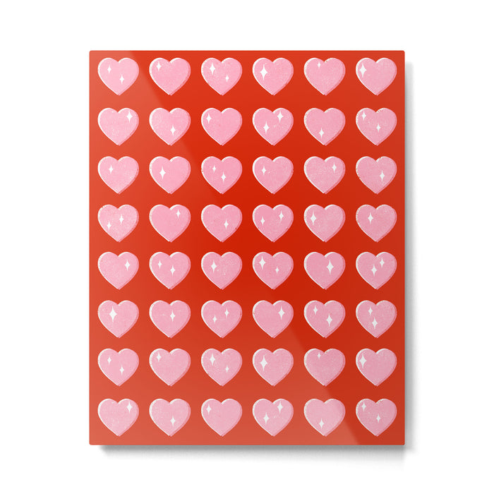 Love Hearts - pink hearts on red Metal Print Gallery Image 1