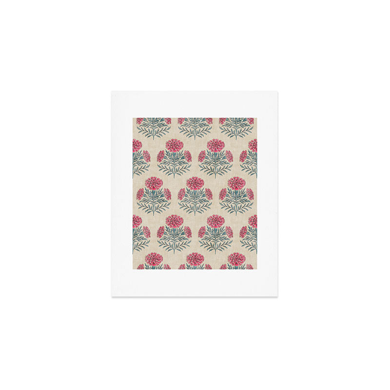 Marigold - pink and teal on linen Art Print Gallery Image 1