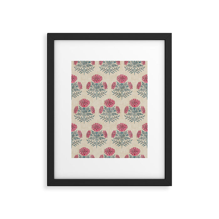 Marigold - pink and teal on linen Framed Art Print Gallery Image 1