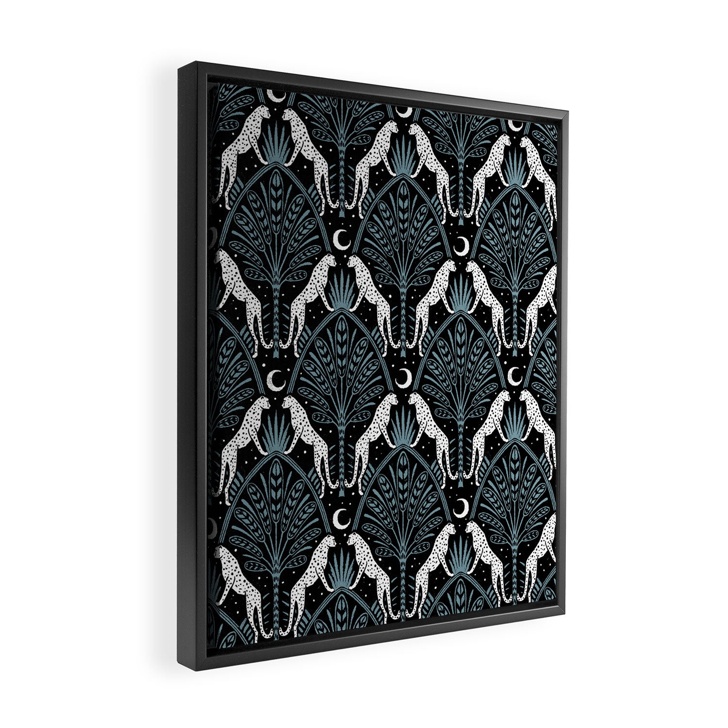 Night Cheetahs - black, white, and blue Framed Canvas Print Gallery Image 2