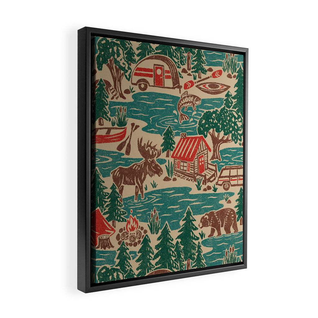 North Country Summer - vintage teal, green, brown, and red Framed Canvas Print Gallery Image 2