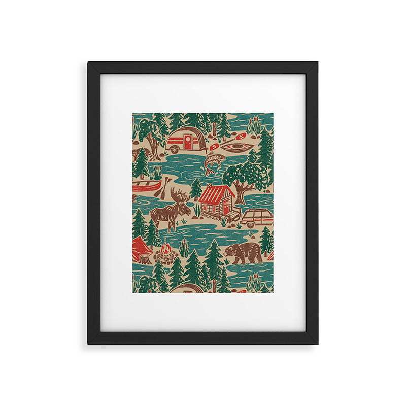 North Country Summer - vintage teal, green, brown, and red Framed Art Print Gallery Image 6