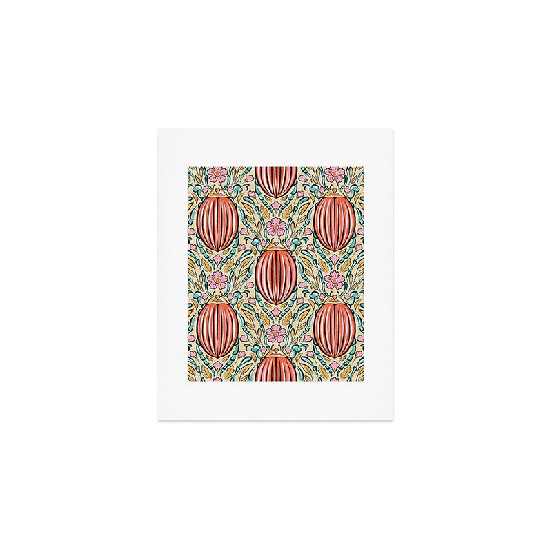 Retro Floral Beetle - pink red gold and teal Art Print Gallery Image 1