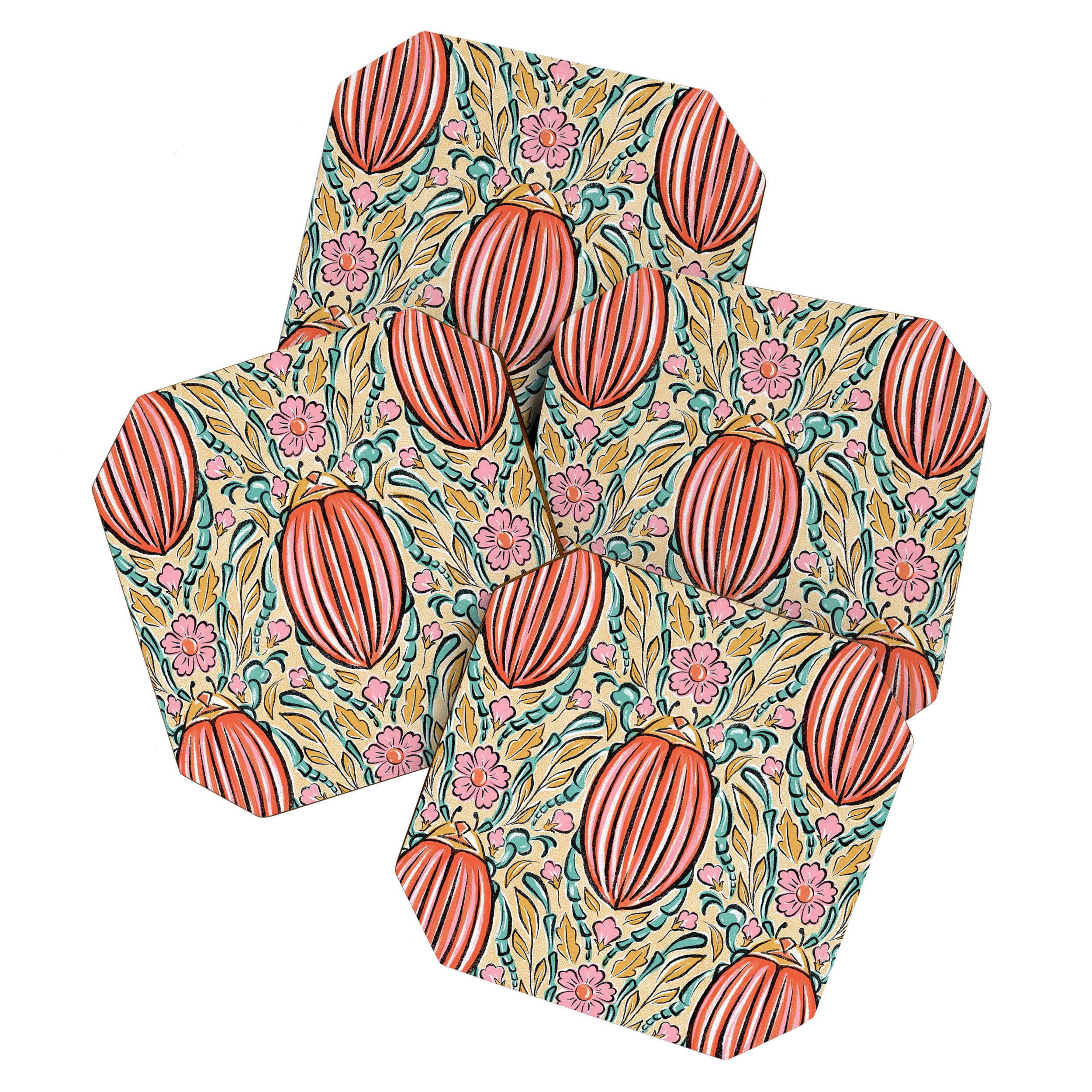 Retro Floral Beetle - pink red gold and teal Coaster Gallery Image 1