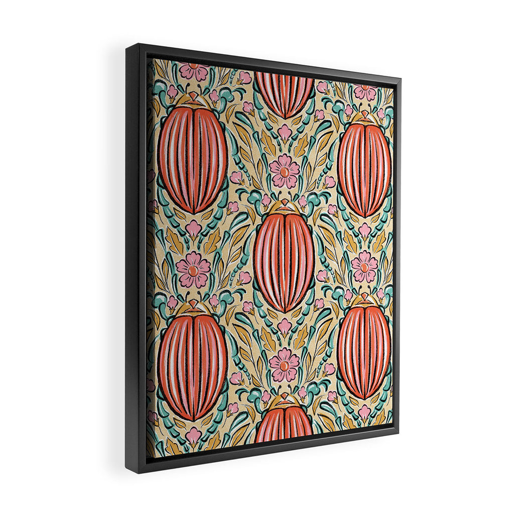 Retro Floral Beetle - pink red gold and teal Framed Canvas Print Gallery Image 2