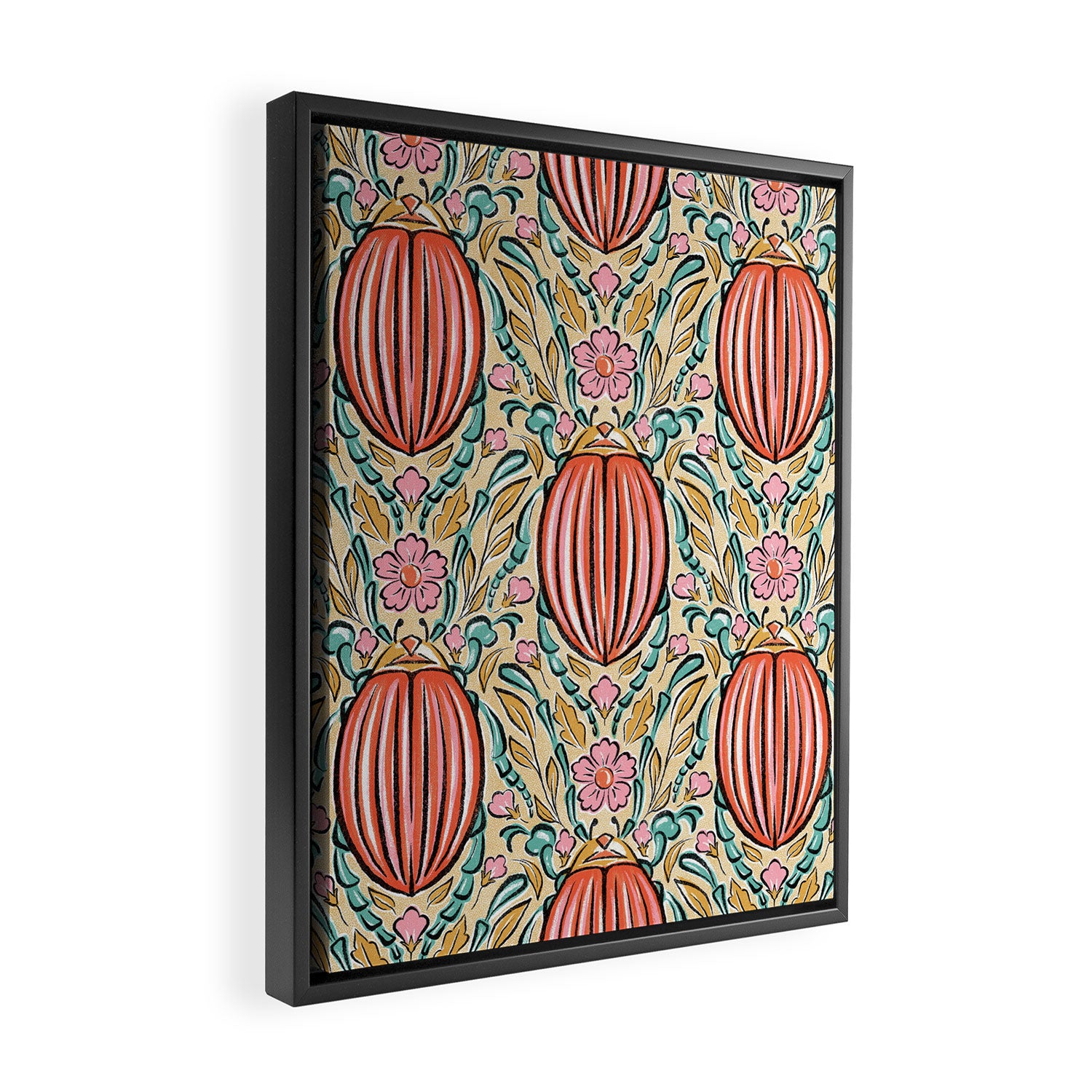 Retro Floral Beetle - pink red gold and teal Framed Canvas Print Gallery Image 2