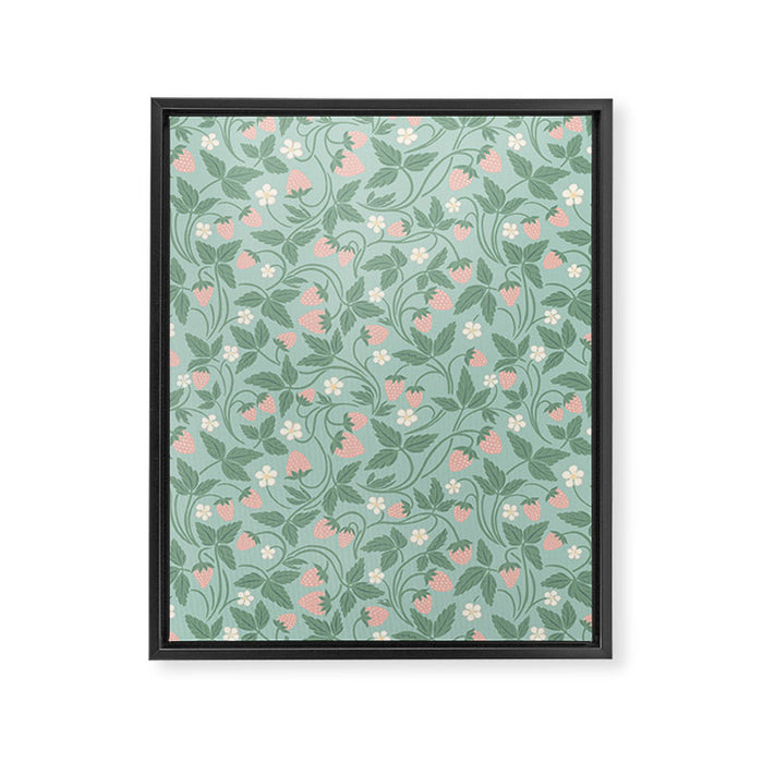Strawberries - dusty pink and green on sky blue Framed Canvas Print Gallery Image 1