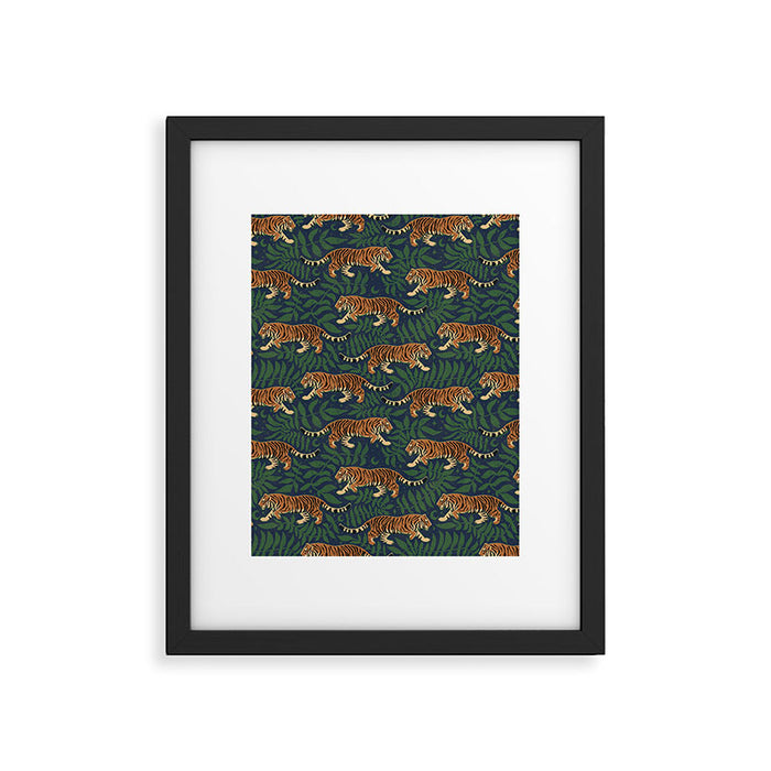 Tigers and Leafy Vines Dark Green and Blue Framed Art Print Gallery Image 1