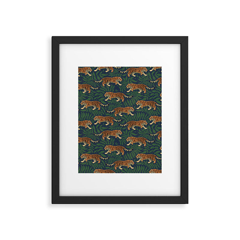 Tigers and Leafy Vines Dark Green and Blue Framed Art Print Gallery Image 6