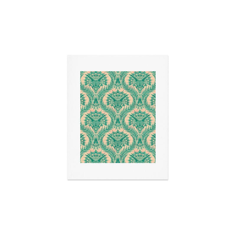 Triceratops Damask - Verdigris on peach Art Print Gallery Image 1