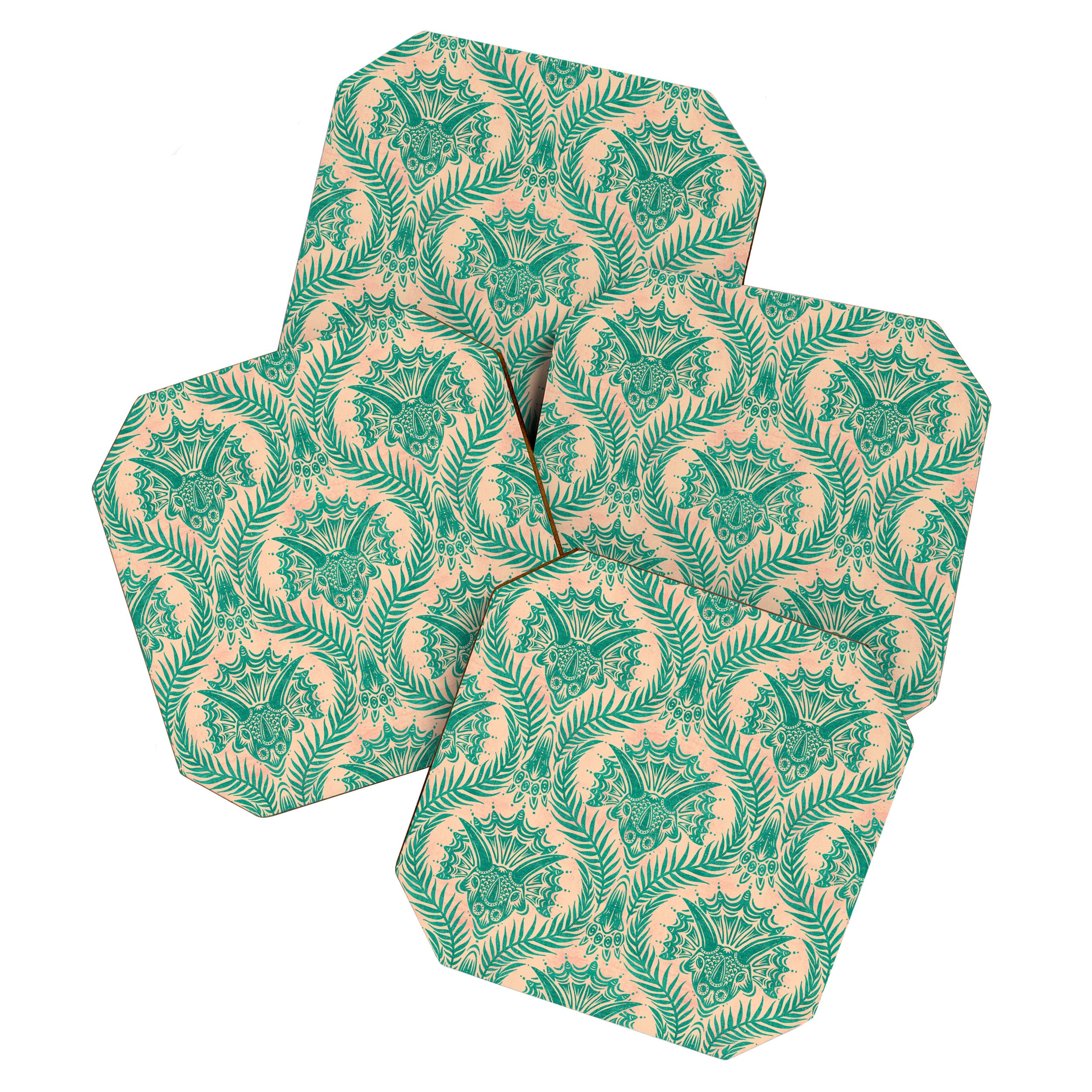 Triceratops Damask - Verdigris on peach Coaster Gallery Image 1