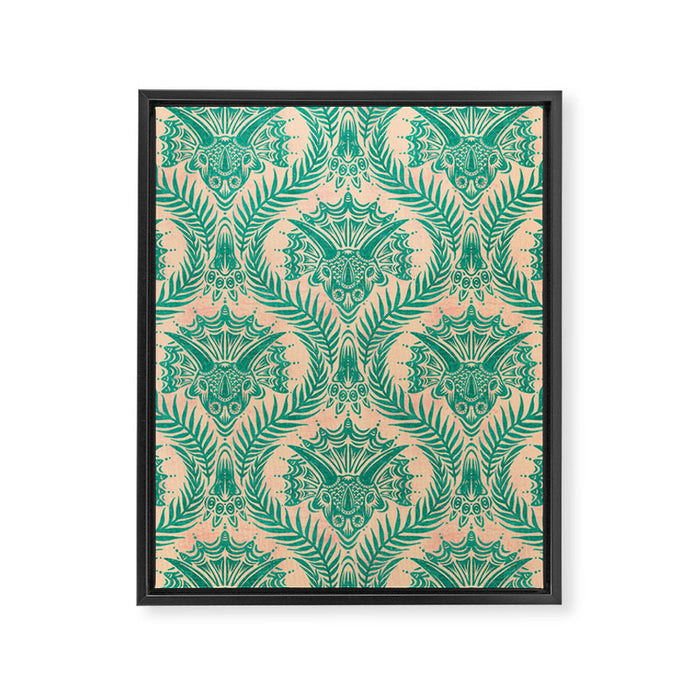 Triceratops Damask - Verdigris on peach Framed Canvas Print Gallery Image 1