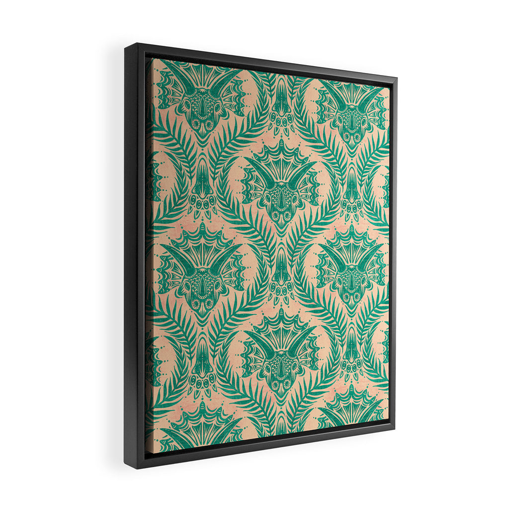 Triceratops Damask - Verdigris on peach Framed Canvas Print Gallery Image 2