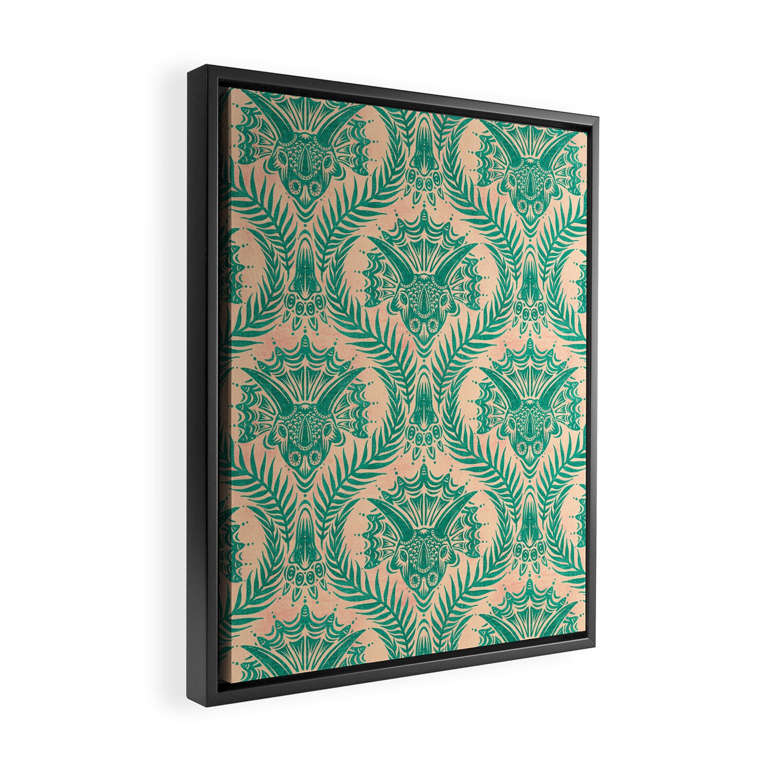 Triceratops Damask - Verdigris on peach Framed Canvas Print Gallery Image 2