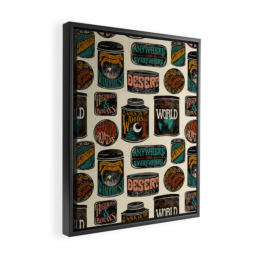 Vagabondâs Cupboard - black and cream with red, gold, teal, and peach Framed Canvas Print Gallery Image 2
