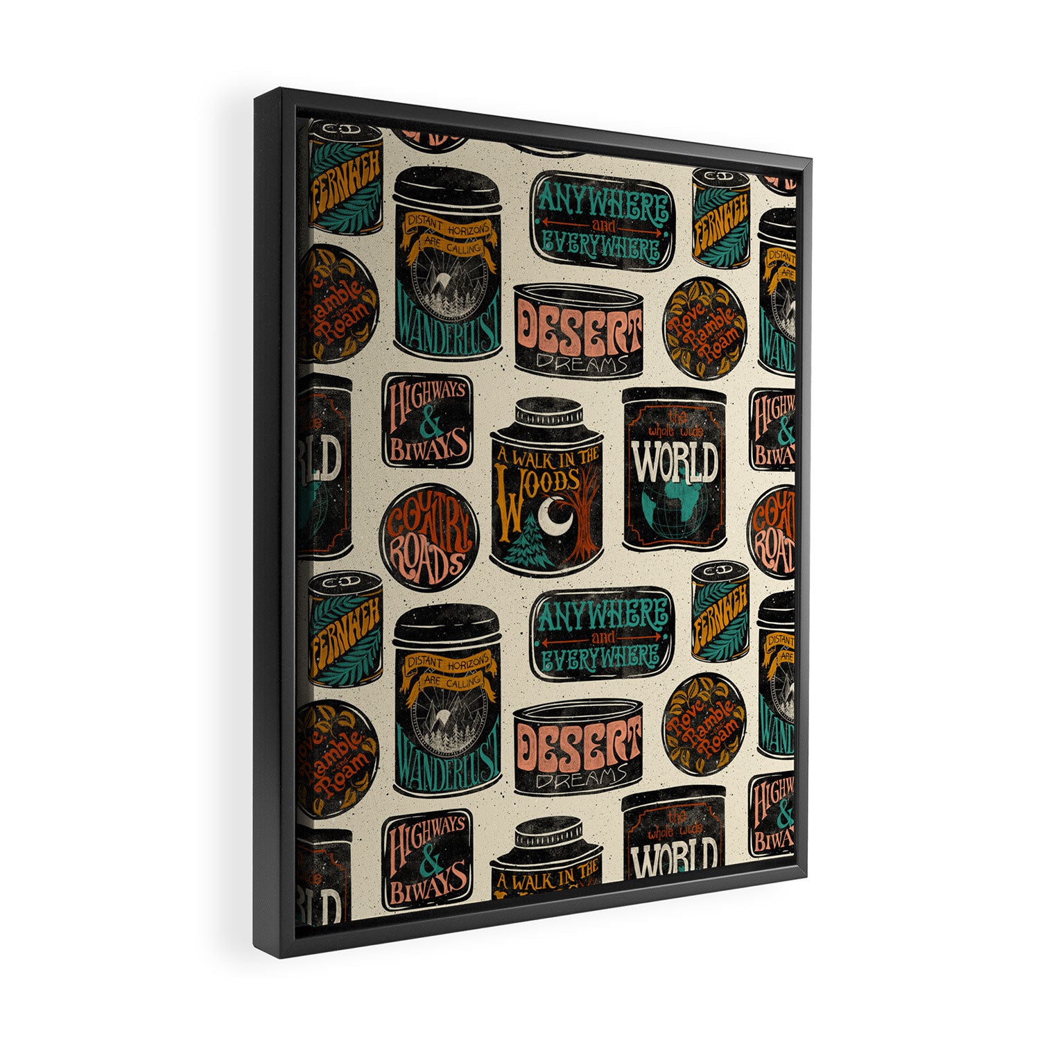 Vagabondâs Cupboard - black and cream with red, gold, teal, and peach Framed Canvas Print Gallery Image 2