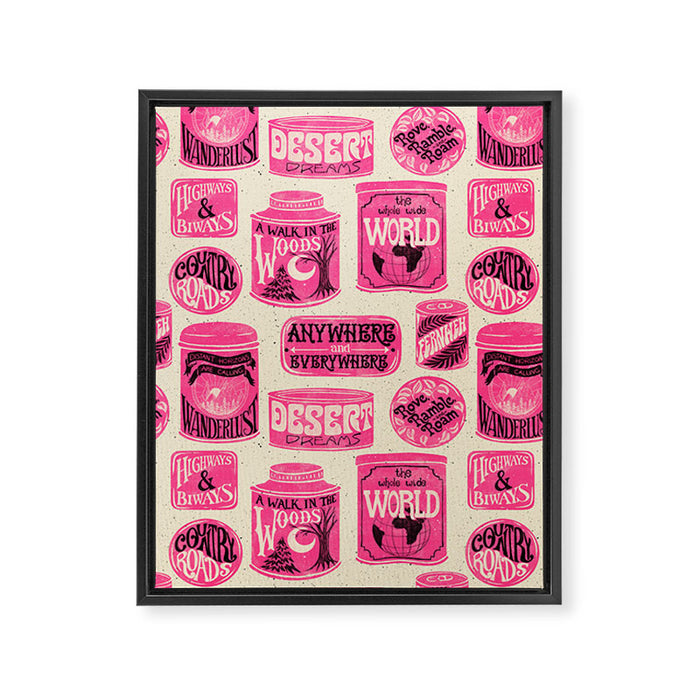 Vagabondâs Cupboard - pink and black on cream Framed Canvas Print Gallery Image 1