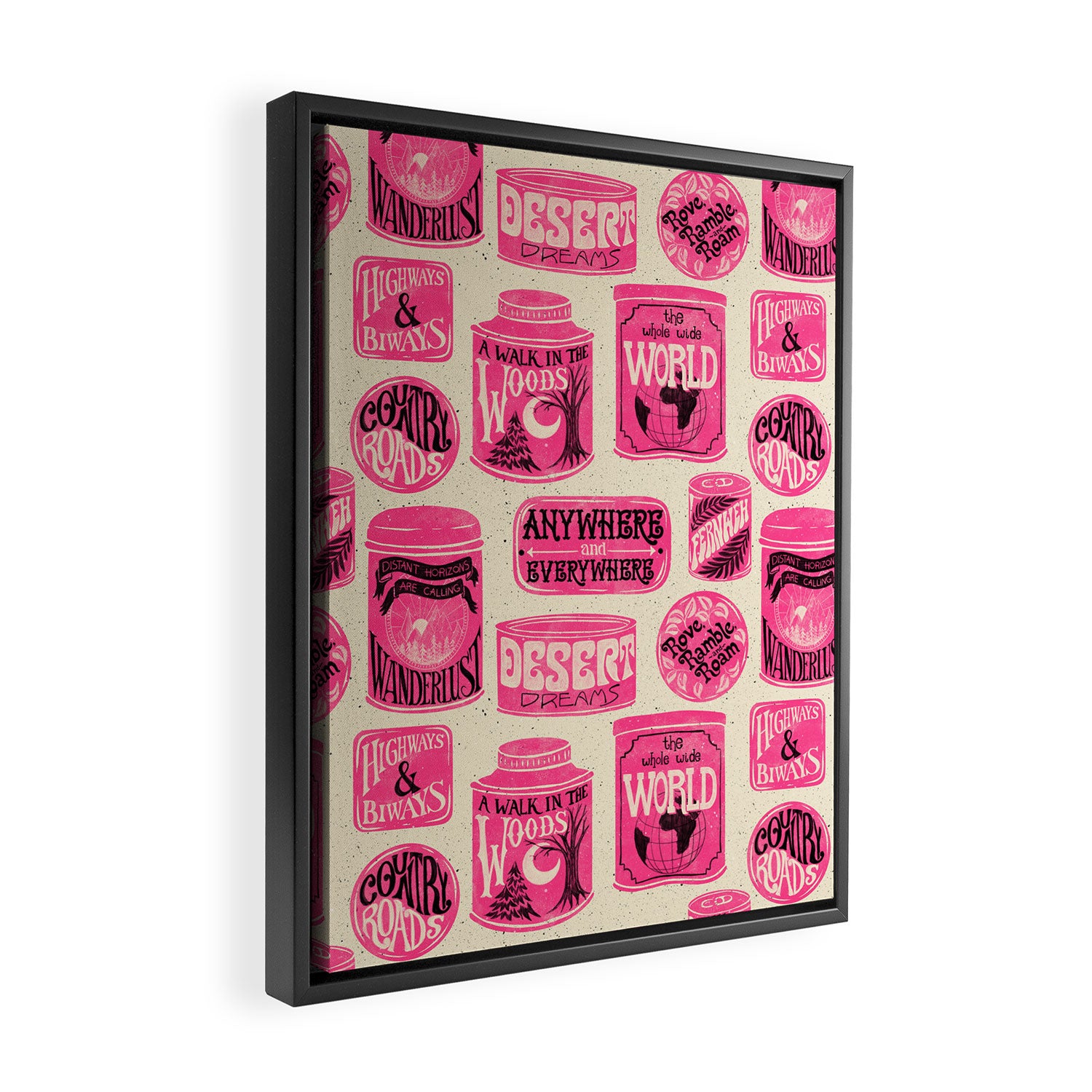 Vagabondâs Cupboard - pink and black on cream Framed Canvas Print Gallery Image 2