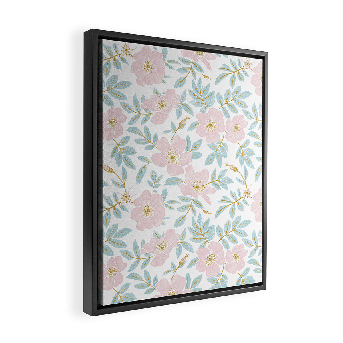 Wild Mountain Roses - pink, mint, and gold Framed Canvas Print Gallery Image 2