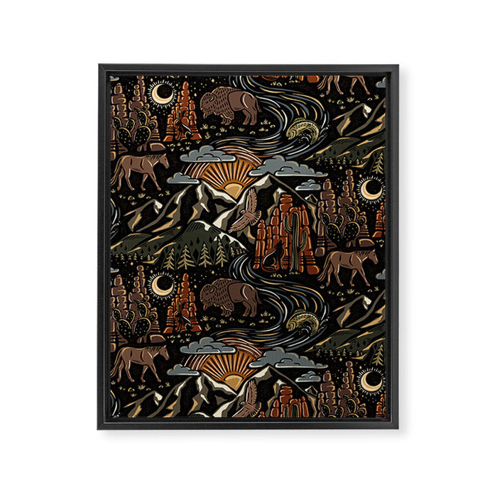 Wild West - dark brown, rust, green, and black Framed Canvas Print Gallery Image 1