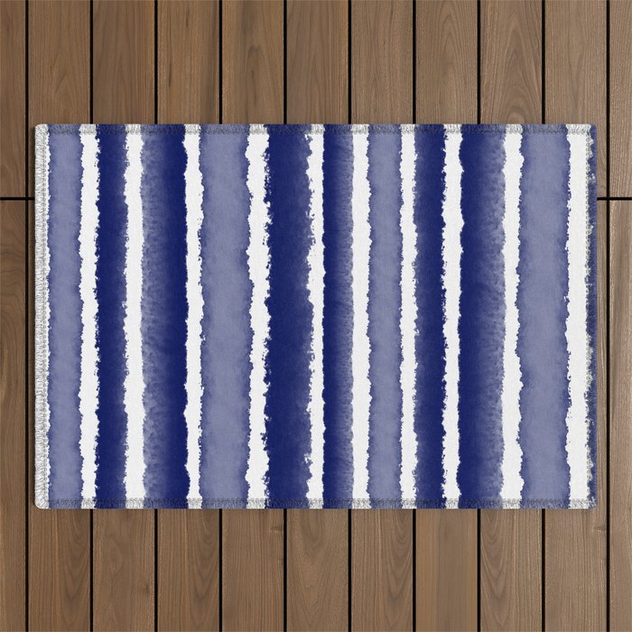 Wide Watercolor Stripes - Indigo Blue  Outdoor Rug Gallery Image 1