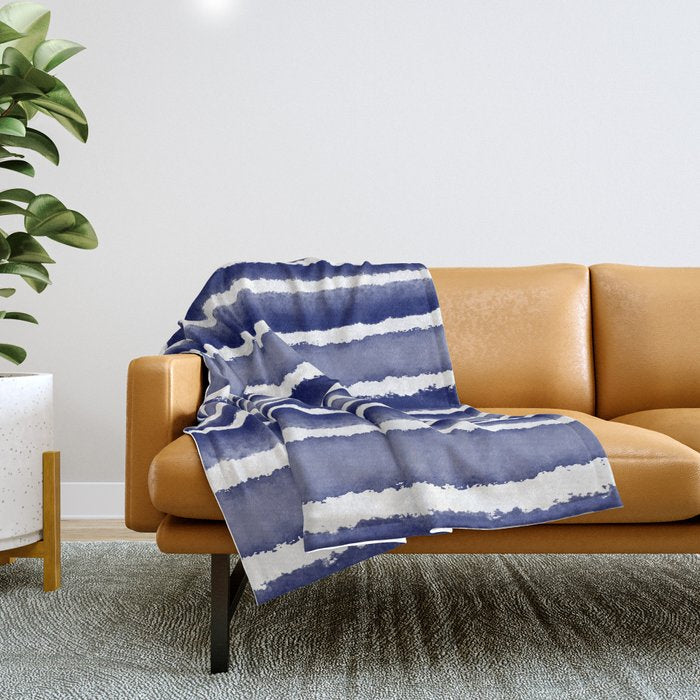 Wide Watercolor Stripes - Indigo Blue  Throw Blanket Gallery Image 1