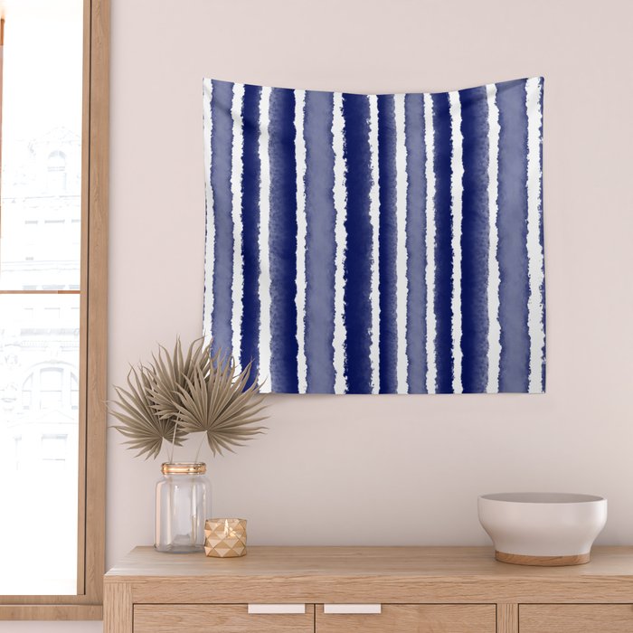 Wide Watercolor Stripes - Indigo Blue  Wall Tapestry Gallery Image 2