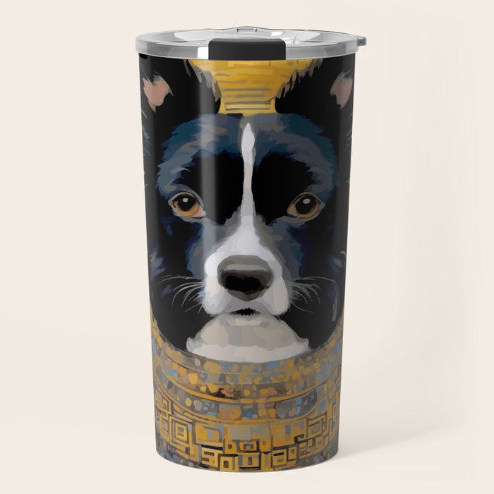 Black and White Klimt Dog with Geometric Patterns Travel Mug Gallery Image 1