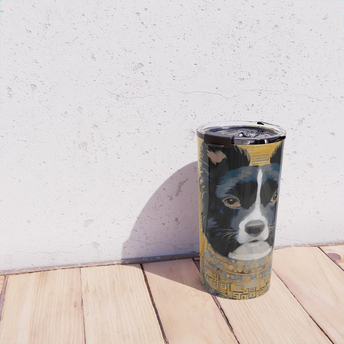 Black and White Klimt Dog with Geometric Patterns Travel Mug Gallery Image 4