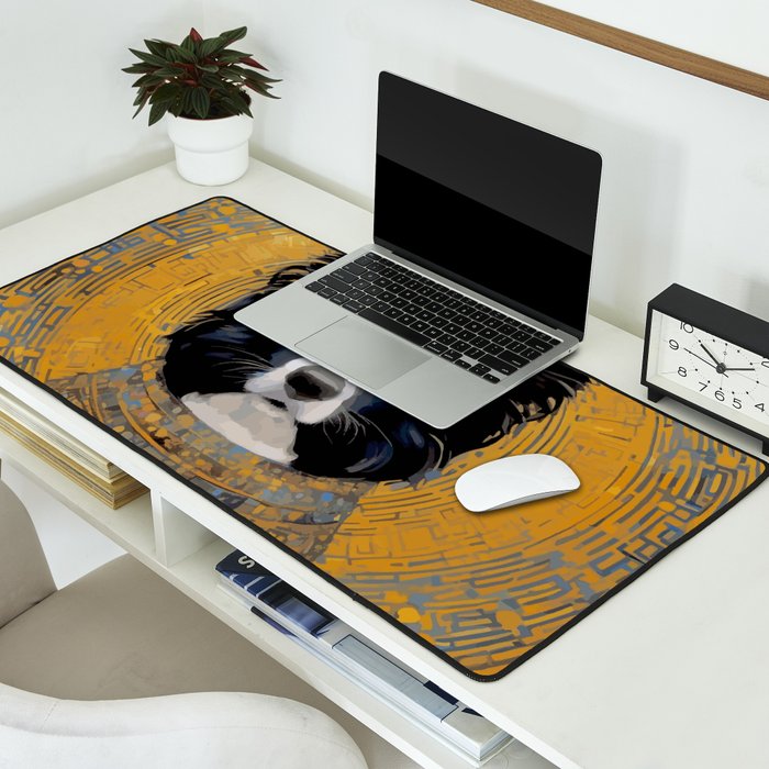 Black and White Klimt Dog with Geometric Patterns Desk Mat Gallery Image 2