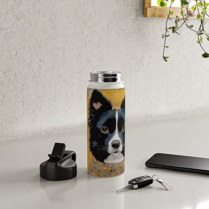 Black and White Klimt Dog with Geometric Patterns Water Bottle Gallery Image 4