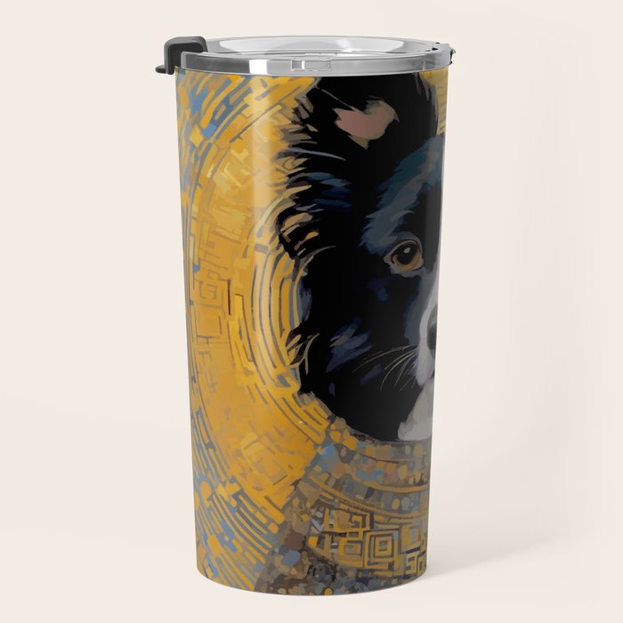 Black and White Klimt Dog with Geometric Patterns Travel Mug Gallery Image 3