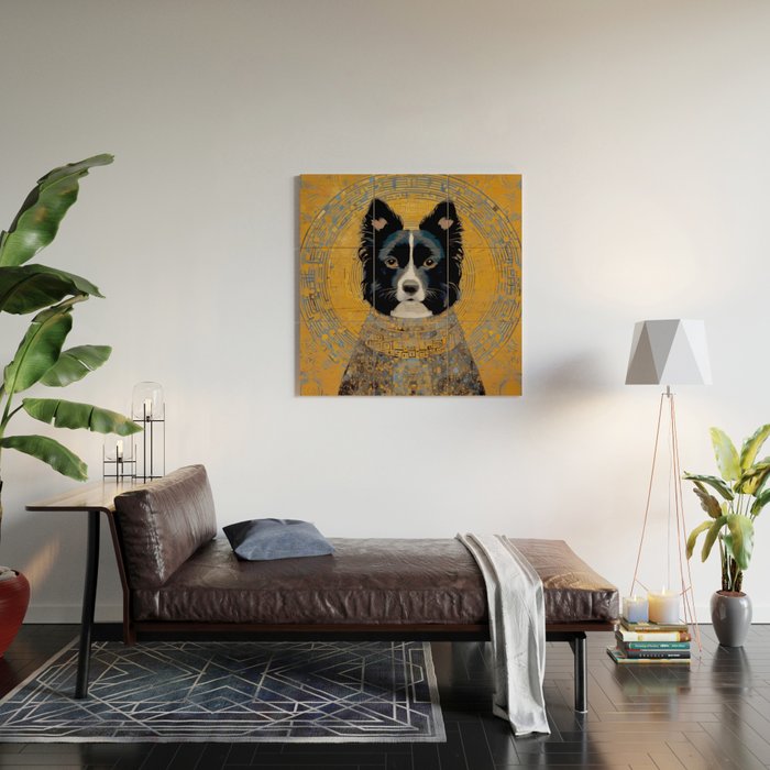 Black and White Klimt Dog with Geometric Patterns Wood Wall Art Gallery Image 2