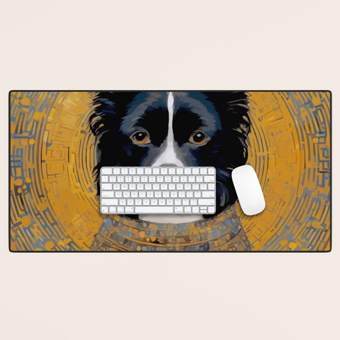 Black and White Klimt Dog with Geometric Patterns Desk Mat Gallery Image 1