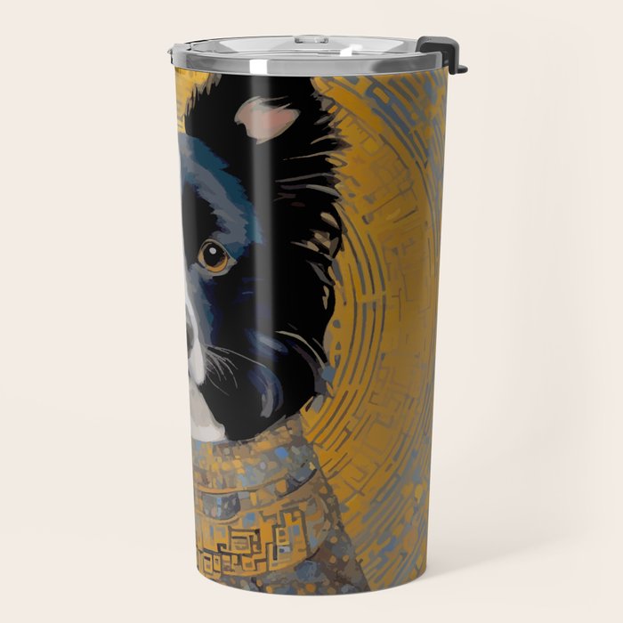 Black and White Klimt Dog with Geometric Patterns Travel Mug Gallery Image 2