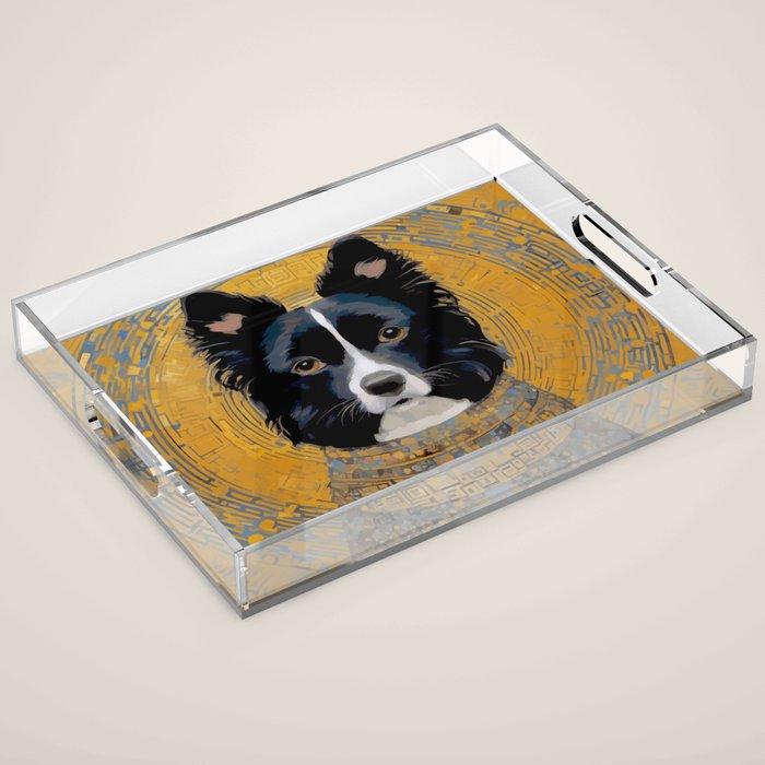 Black and White Klimt Dog with Geometric Patterns Acrylic Tray Gallery Image 1