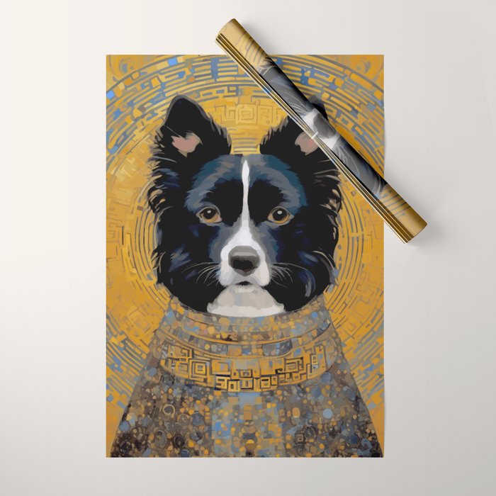Black and White Klimt Dog with Geometric Patterns Wrapping Paper Gallery Image 1