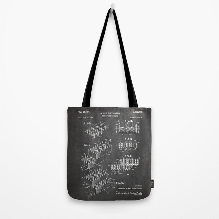 Legos Patent - Legos Brick Art - Black Chalkboard Tote Bag Gallery Image 2