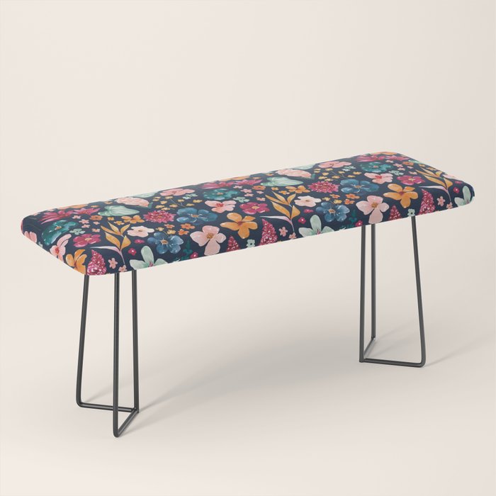 Colorful Tropical Jungle Watercolor Botanical Floral on Navy Blue Bench Gallery Image 1