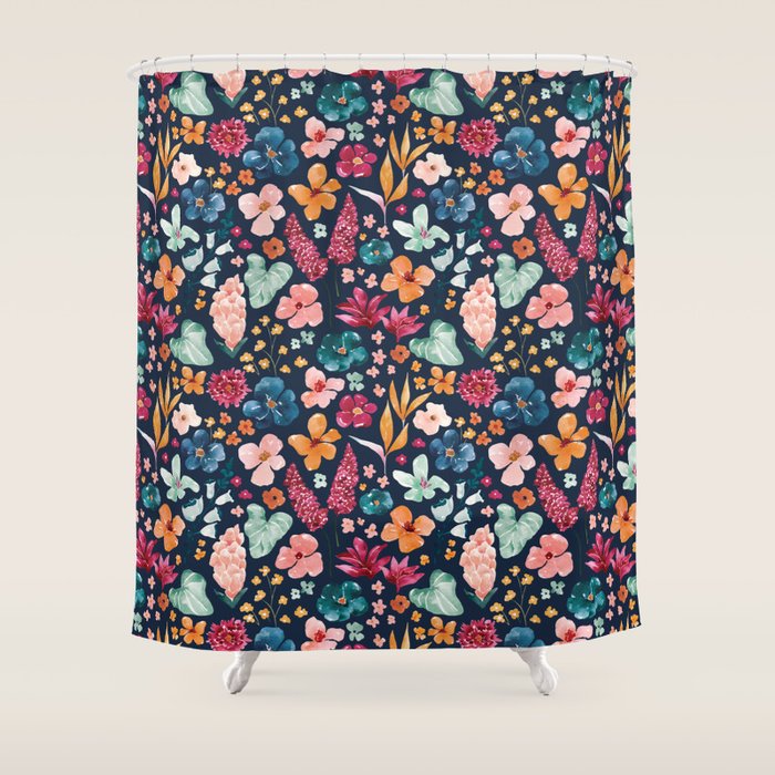 Colorful Tropical Jungle Watercolor Botanical Floral on Navy Blue Shower Curtain Gallery Image 1
